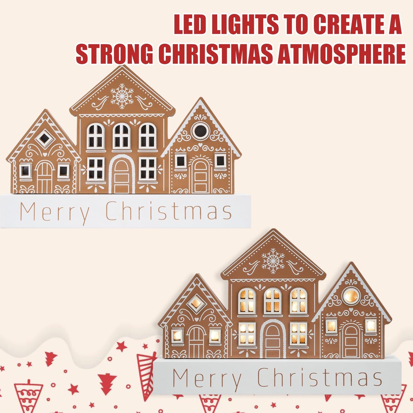 Christmas Decorations for Home LED Lighted Merry Christmas Decor Wooden Ski Lodge Holiday Signs Indoor Rustic Farmhouse Tabletop Block Xmas Party Gift