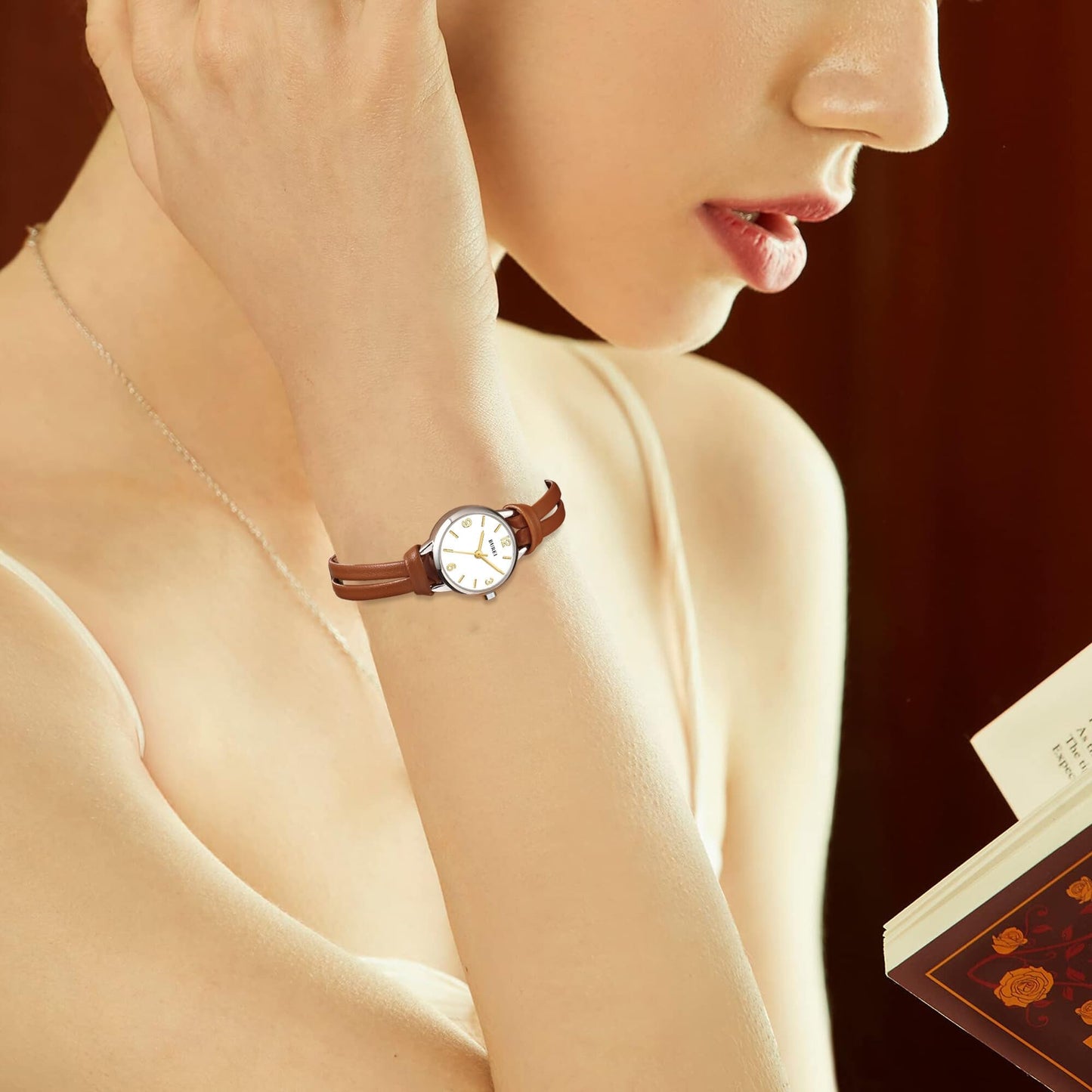 BUREI Women's 22mm Small Dial Quartz Watch, Lightweight Women Watch,Japan Quartz Movement, Brown Handmade Leather Strap, Ideal Gift for Women Mom