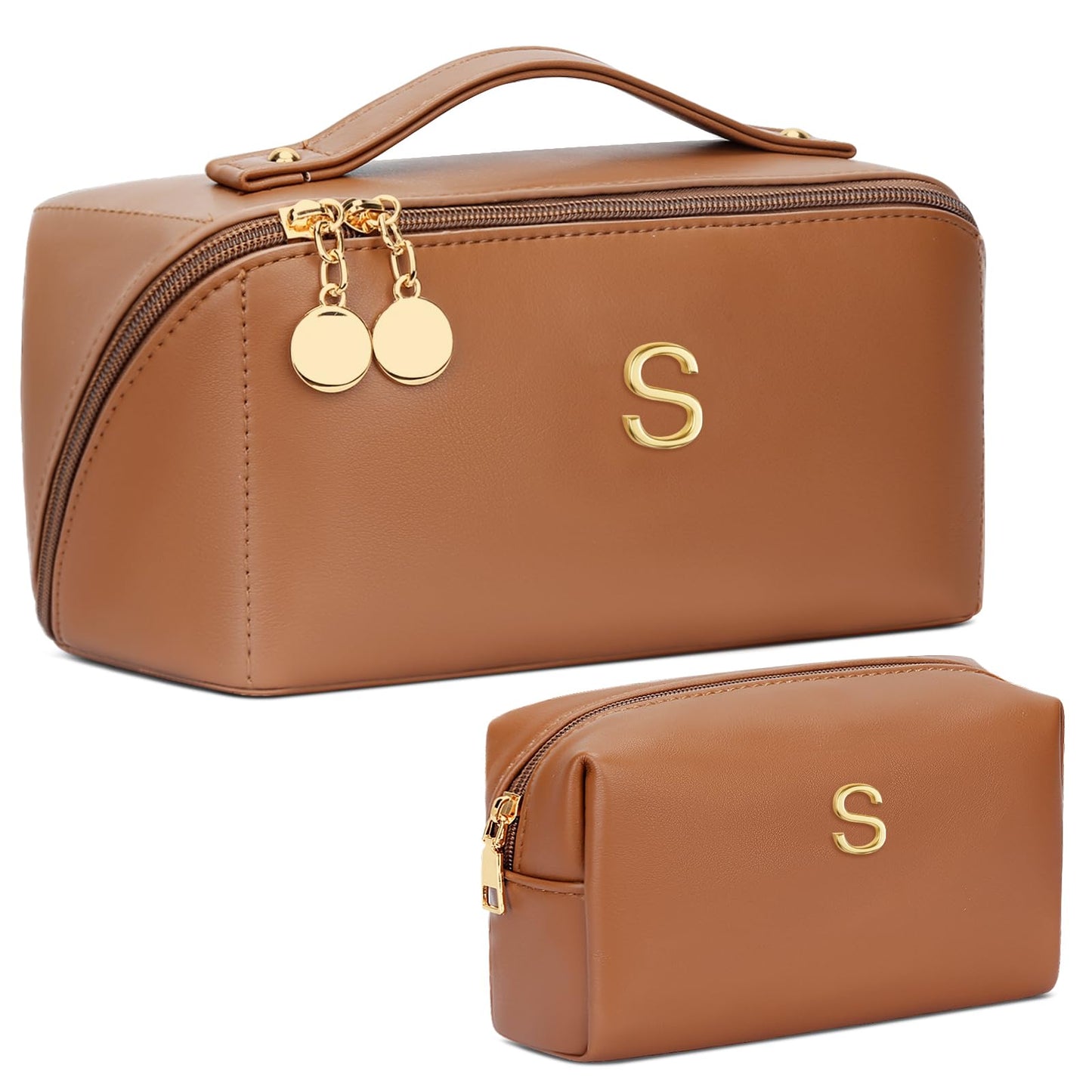 CLOUDWINGS Birthday Gifts for Women Teen Girl, Personalized Initial Makeup Organizer Bag Set, Open Flat Travel Cosmetic Bag With Clear Divider and Handle(Brown,S)