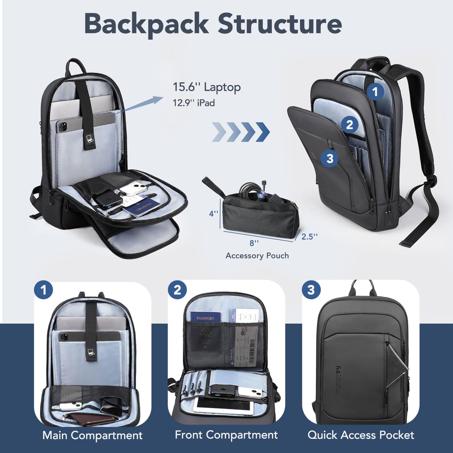 hk Ultra Slim Laptop Backpack for Men, Lightweight Business Backpack for 15.6 Inch Laptop with USB Charging Port, Anti-Theft Water Resistant Computer Bag for Work Travel Office, Black