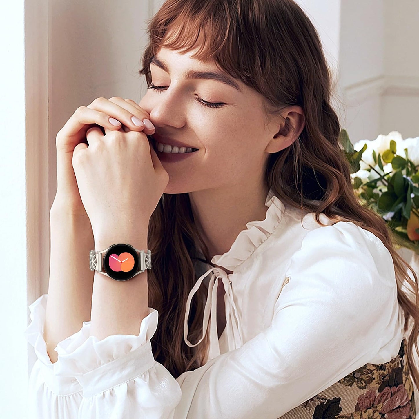 Getino Magnetic Metal Strap Compatible with Galaxy Watch 7 Band, Galaxy Watch 6 Classic Band FE 5 Pro 4 Active 2, 20mm Milanese Floral Dressy Wristband for Samsung Watch Bands Women 40mm 44mm 45mm