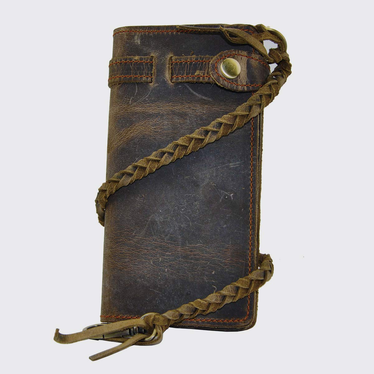 Plinvo Men's Genuine Leather Bifold Wallet with Removable Chain - Checkbook Organizer Vintage Design (Brown)