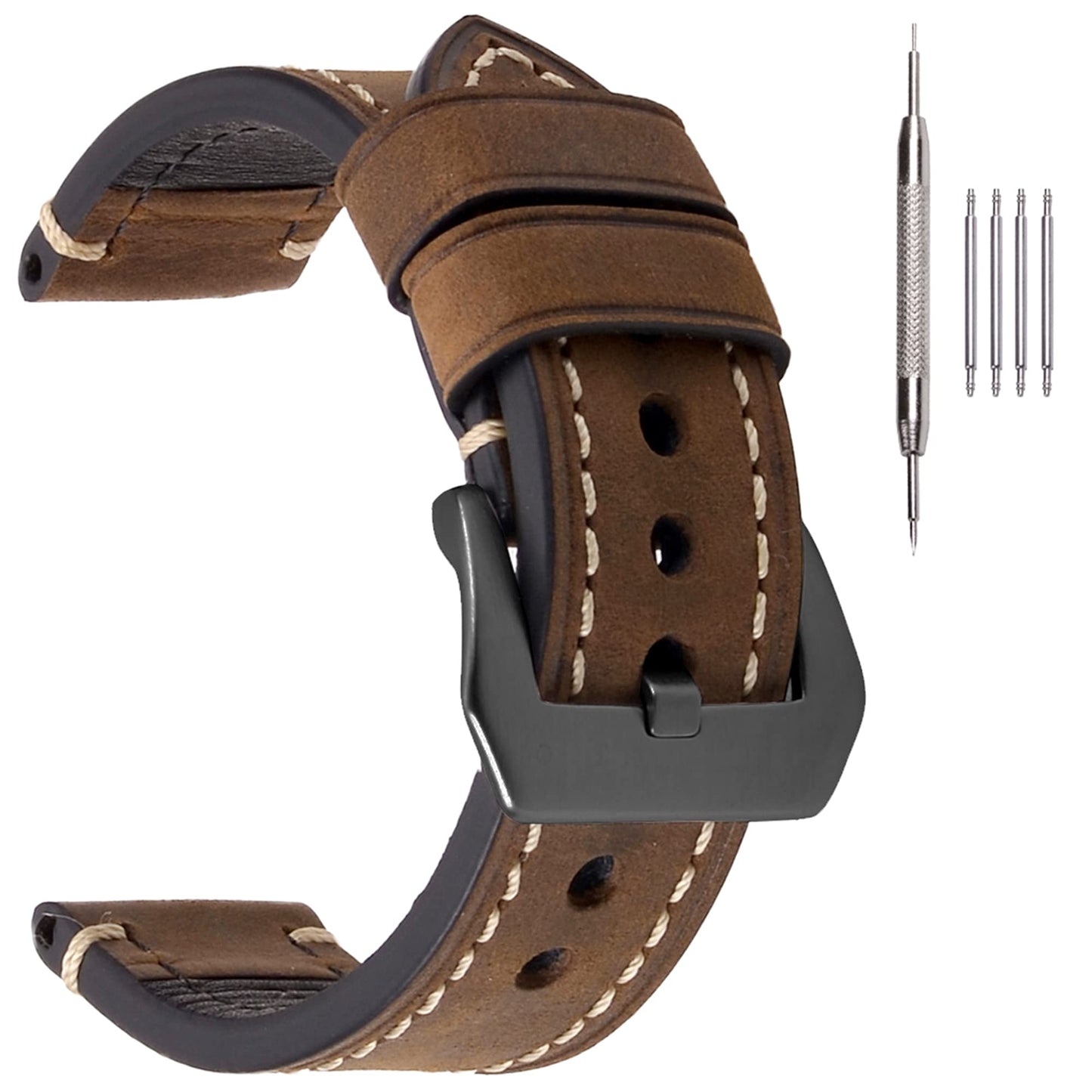 EACHE Leather Watch Bands for Men, Handmade Genuine Leather Watch Straps Vintage Design Classical Thick Watch Bands 22mm Dark Brown with Black Buckle
