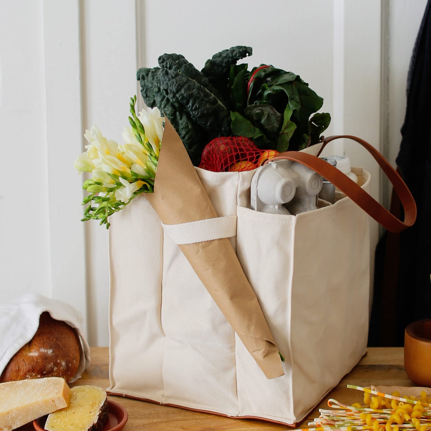 CapaBunga Farmer's Market Tote Shopping Bags with Handles - 7 Pocket Large Utility Tote Bag - Heavy Duty Canvas Utility Bag with Vegan Leather Base - Reusable Tote Bag - Natural Grocery Bag