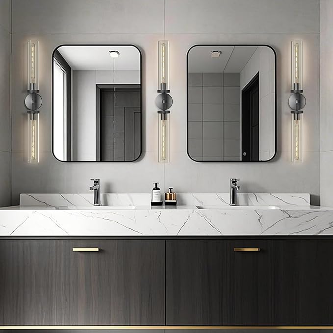 Black Wall Sconces Set of Two, 30" Modern Wall Lighting, Double Lights with Clear Glass Tubes, Knurled Vanity Light for Bathroom, Living Room, Bedroom, Hardwired (Including Bulb)