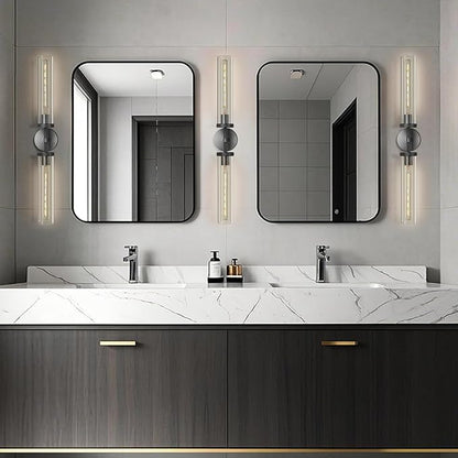 Black Wall Sconces Set of Two, 30" Modern Wall Lighting, Double Lights with Clear Glass Tubes, Knurled Vanity Light for Bathroom, Living Room, Bedroom, Hardwired (Including Bulb)