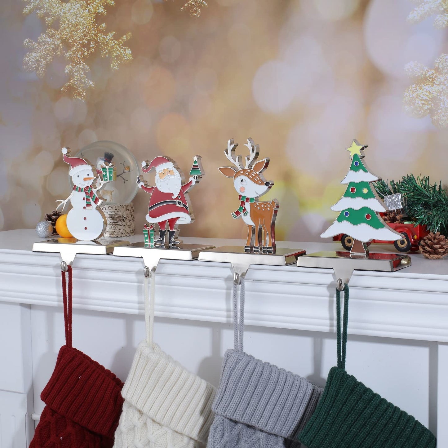 Baseo Christmas Stocking Holders Set of 4 Metal Christmas Stocking Holders for Fireplace-Xmas Deer Snowman Tree Santa Christmas Stocking Holder for Mantle-Stocking Hangers for Fireplace Topper