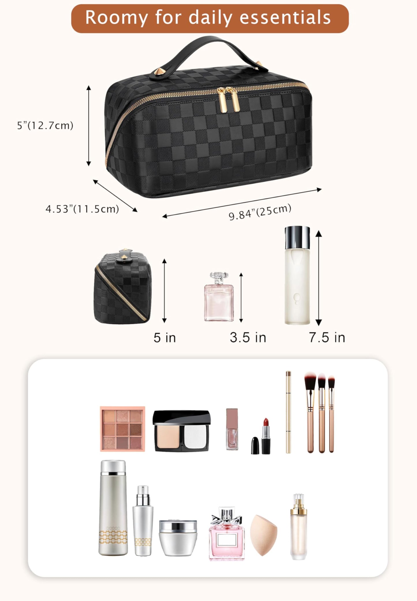 ALEXTINA Large Capacity Travel Cosmetic Bag - Portable Makeup Bags for Women Travel Toiletry Bag Waterproof Leather Checkered Makeup Organizer Bag for Travel Essentials, Open Flat Make up Bag, Black