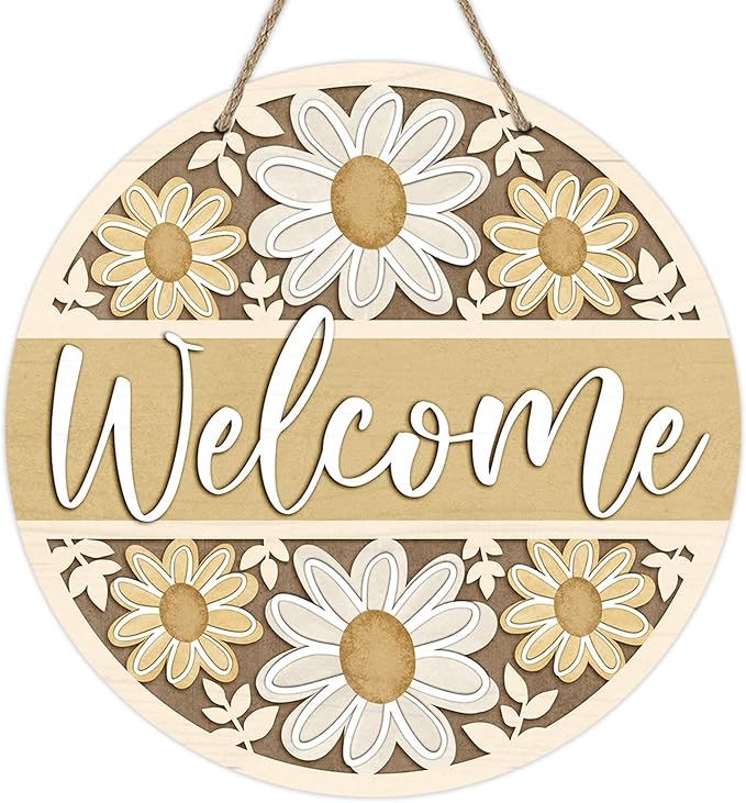 Deroro Welcome Spring Summer Daisy Flower Front Door Sign, Yellow Floral Farmhouse Wood Door Hanger Outdoor Outside Porch Decor, Rustic Seasonal Wooden Wreath Indoor Wall Hanging Decoration