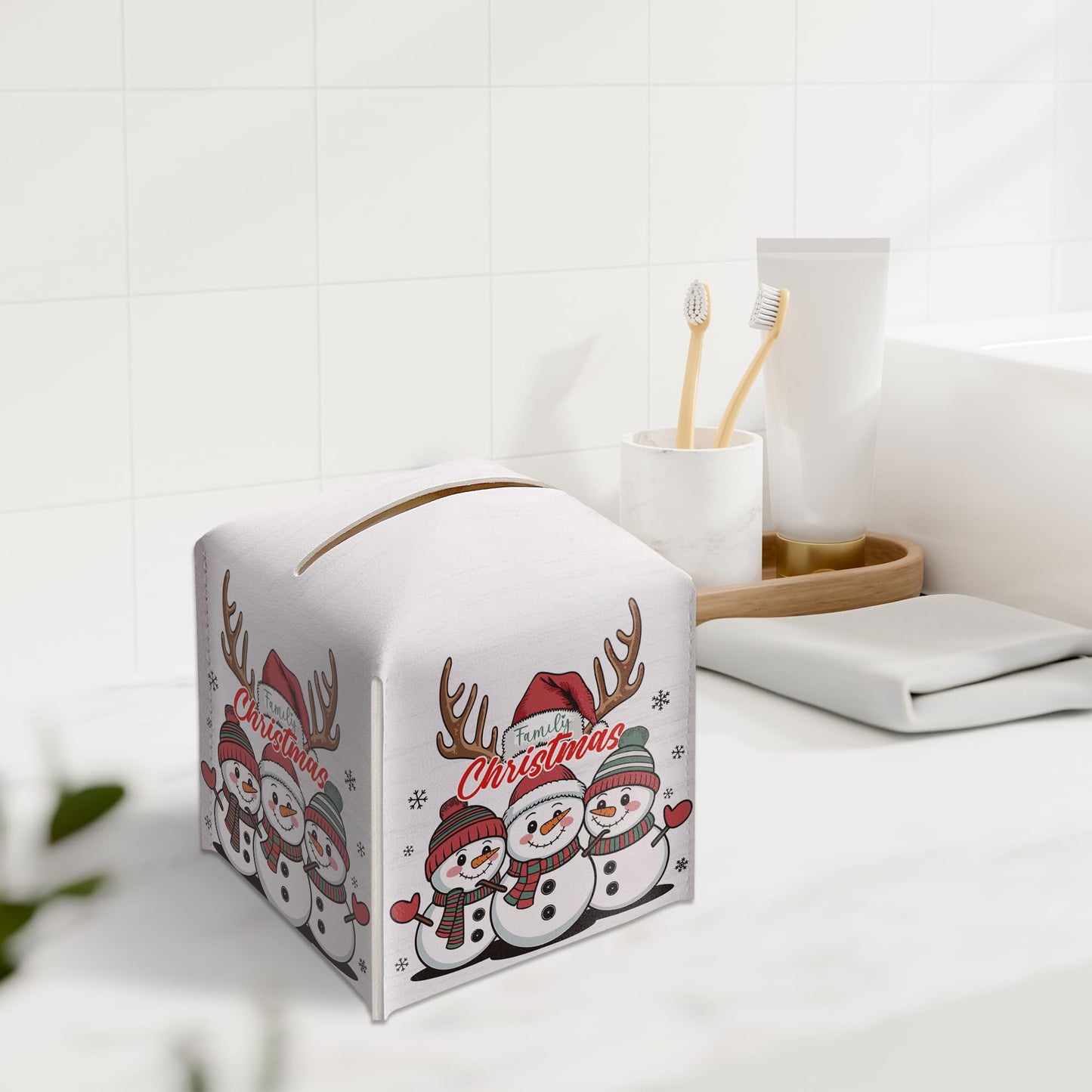 Christmas Snowman Tissue Box Holder, First Christmas as A Family of Three Leather Tissue Box Cover Square, Paper Facial Decorative Tissues Cover for Night Stands Bathroom Office Home Decor-B02