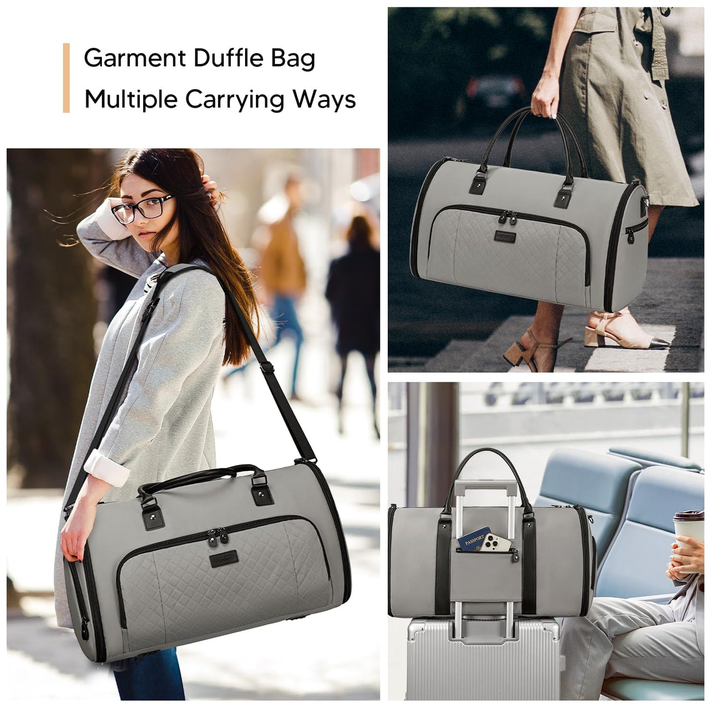 Vessgra Garment Bag for Airplane Travel, Carry On Garment Duffle Bags for Women, 2 in 1 Travel Suit Bag with Shoes Compartment Carry on Bag Hanging Garment Bag Travel with Shoulder Strap,Grey