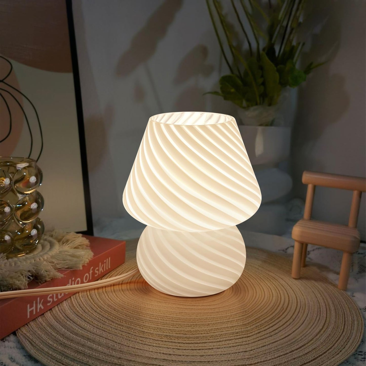 ONEWISH Mushroom Lamps Set of 2 - Small Bedside Table Lamp with Striped Glass, Nightstand Lamp for Bedroom, Living Room, Bulb Included(White)