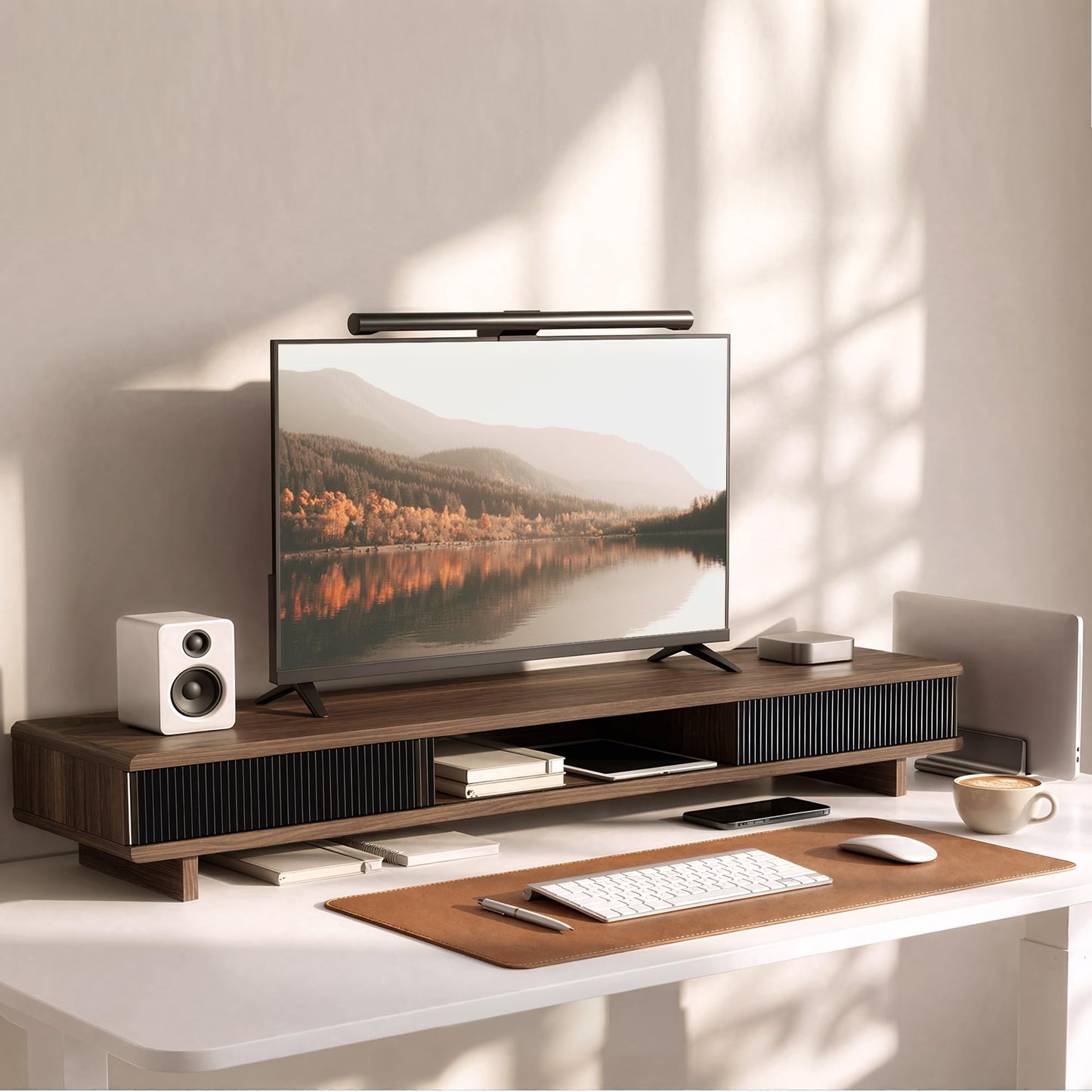 UniAbode Dual Monitor Riser with Sliding Doors & Storage - 42.5" Extra Wide Dual Monitor Stand for Desk Organizer,Desk Shelf for Office & Gaming - Acrylic Wave Design,110 lbs Capacity,Walnut