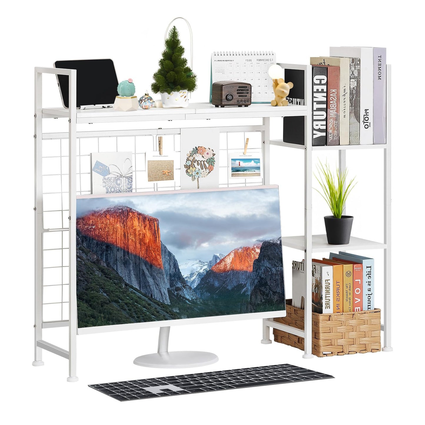 NOVIMANGO Desktop Bookshelf Organizer, Computer Desktop Bookcase, White Desk Hutch Dorm, Multipurpose Wood Desktop Hutch Storage Organizer, 3-Tier Wood Desk Bookshelf for Home Office Dorm