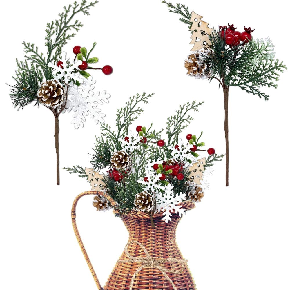 Christmas Floral Picks Set of 20, Snow Tip Pinecone Red Berry Sprays, 10 Inch Holiday Greenery Stems for Wreaths, Garlands, Christmas Tree Decor, Flower Arrangements, DIY Winter Crafts, 2 Styles