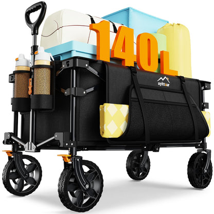 Uyittour 140L Collapsible Wagon Cart Foldable, Folding Utility Grocery Cart with Side Pocket and Brakes for Shopping, Sports, Camping and Garden, Black