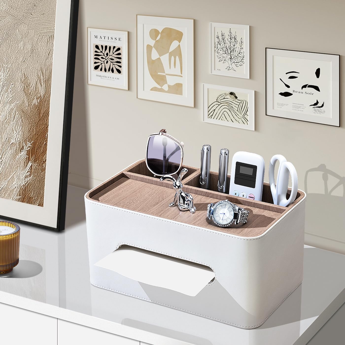 PU Leather Tissue Box Cover Rectangular with Storage Organizer, Multifunctional Remote Control Holder, Desk Organizer for Living Room, Bedroom, Office, Decorative Tissue Holder with Compartments Beige