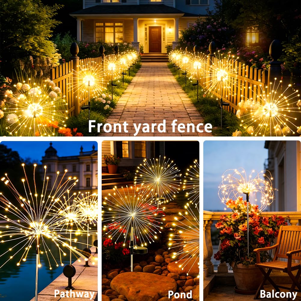Boutispan 150 LED Solar Fireworks Lights Outdoor Waterproof, 4 Pack 8 Modes Twinkling Fireworks Solar Fairy Lights for Garden Yard Patio Flowerbed Lawn Planter Walkway Decor (Warm White)
