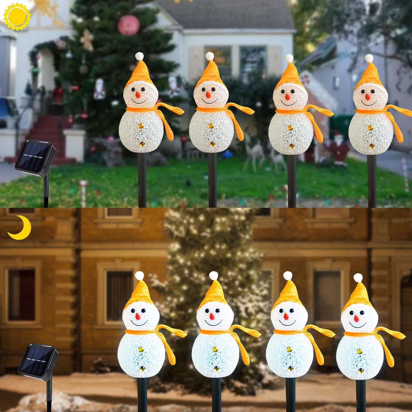Taoushuleng Led Christmas Yellow Snowman Pathway Lights, Solar Powered Light with 4 Stakes 8 Lighting Modes for Yard Garden Decor (Yellow Snowman)
