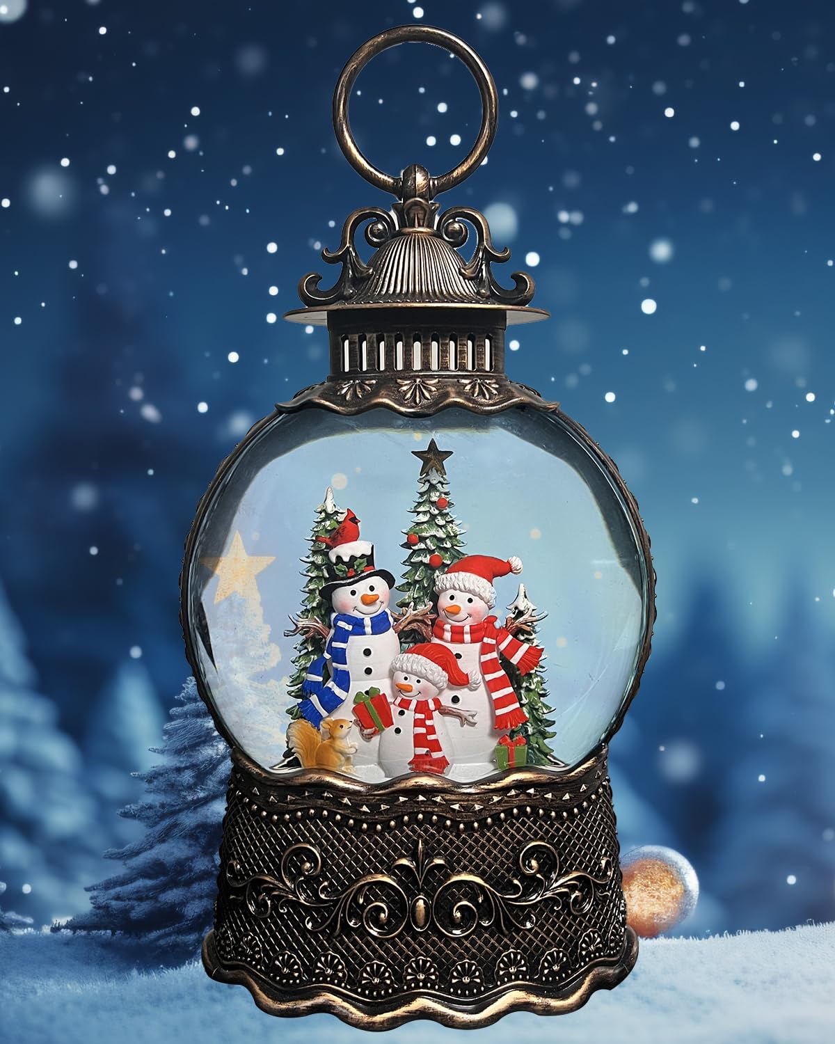 Frosty Snowman Cardinals Snow Globe Lantern for Christmas Decorations, Musical and Luminous,USB or Battery Operated