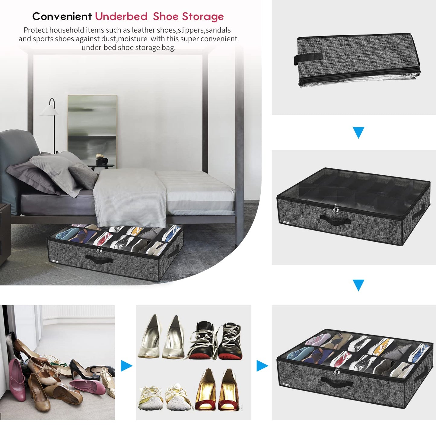 Onlyeasy Sturdy Under Bed Shoe Storage Organizer, Set of 2, Fit 12 to 24 Pairs, Underbed Shoes Closet Storage Solution with Clear Window, Breathable, L29.3"x W23.6"x H5.9", Linen-like Black, MXAUBSB2P