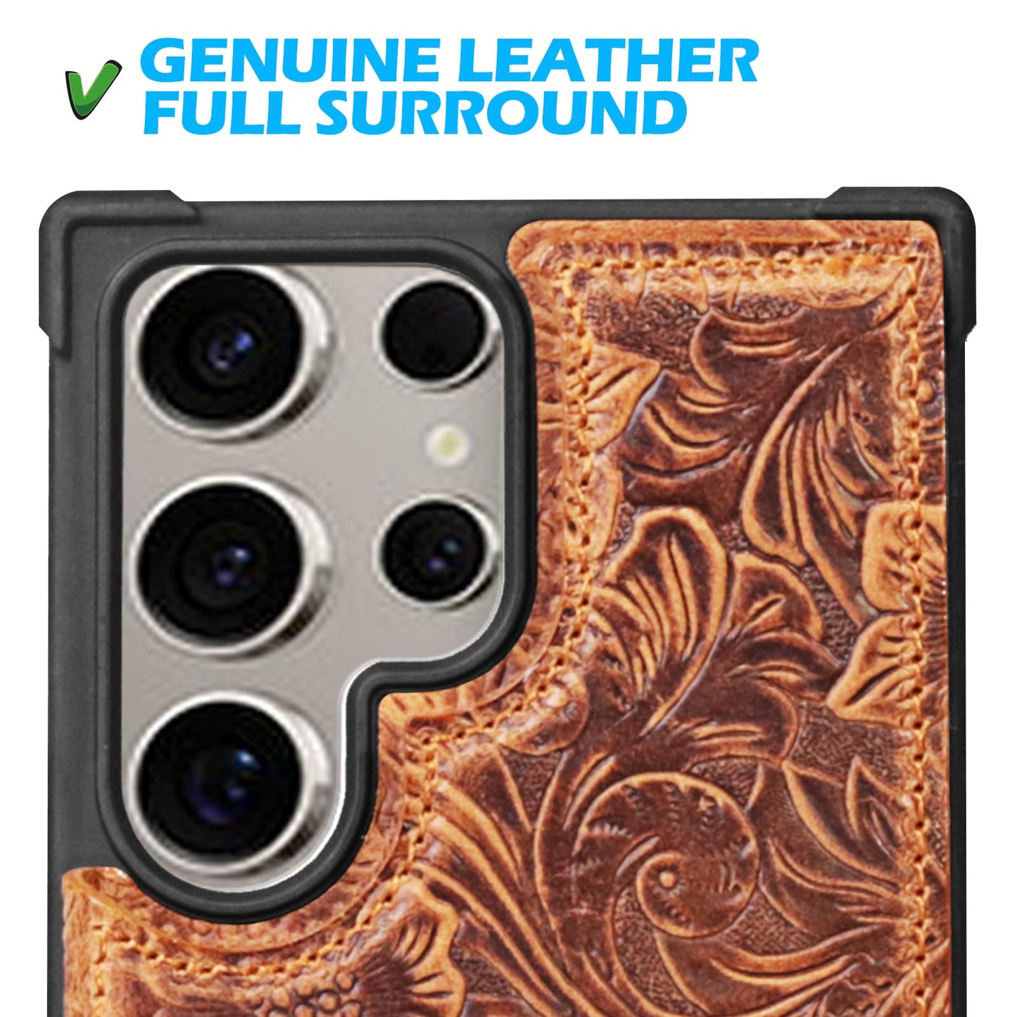 RMAWRAD Leather Case Compatible with Samsung Galaxy S24 Ultra Wallet 6.9",Genuine Leather Shockproof Anti-Fall Case, Flip Cover with Card Slot, Double Magnetic Buckle,Kickstand Durable Brown