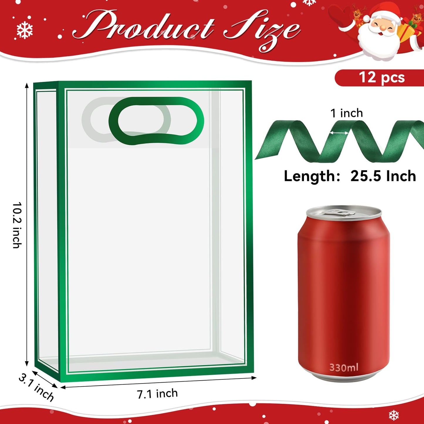 Ohuimrt Christmas Clear Plastic Gift Bags, 12 Pack, 10", Red Green Gold