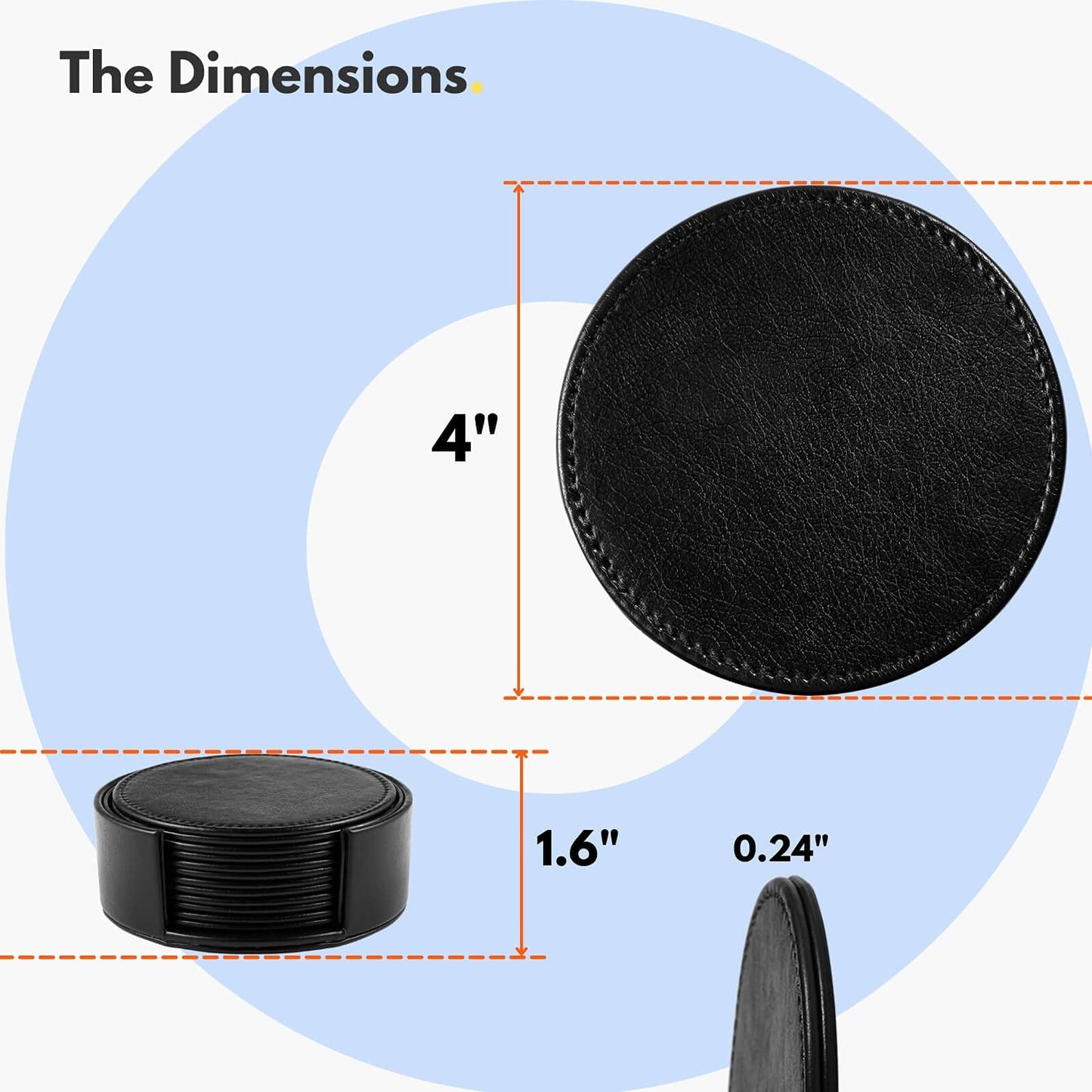 LAMOTI Leather Coasters for Drinks, 4" Drink Coasters Set of 6 with Holder for Tabletop Protection, Handmade Luxurious Home Décor and Housewarming Gift (Black)