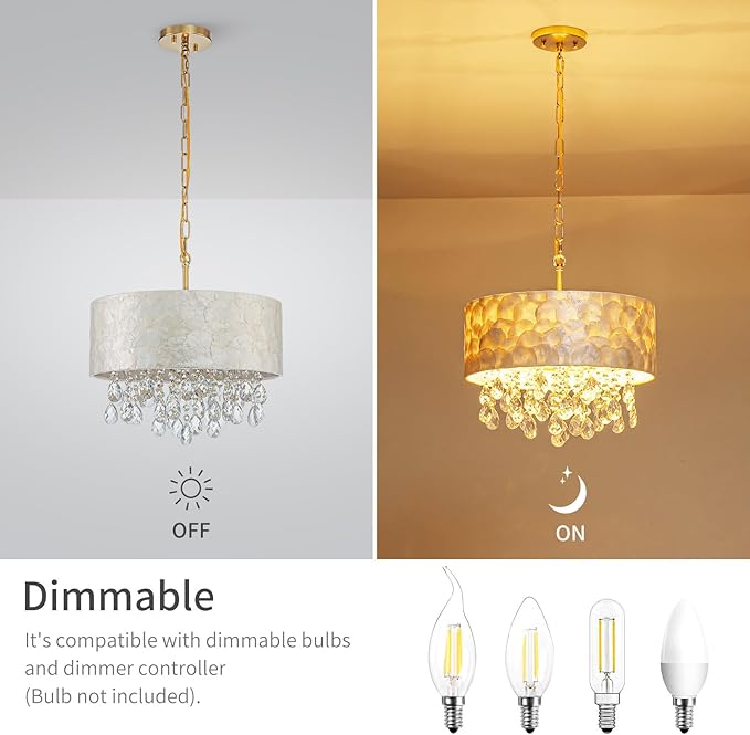 4-Lights Drum Capiz Shell Crystal Chandeliers, Coastal Style Pendant Light Fixture for Dining Room, Living Room, D16 x 20~67"(Adjustable), Shell Lampshade & Gold Finish