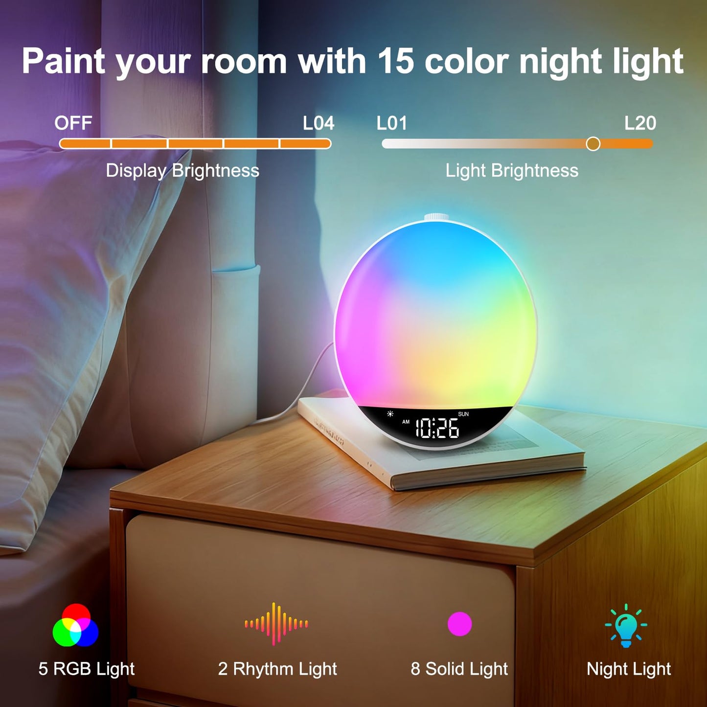 DreamSky Sunrise Alarm Clock Radio for Bedroom - Wake up Light Alarm Clock for Kids Heavy Sleepers Adults, Digital FM Radio with Bluetooth Speaker, Volume Control, Dimmable RGB Night Light, Timer