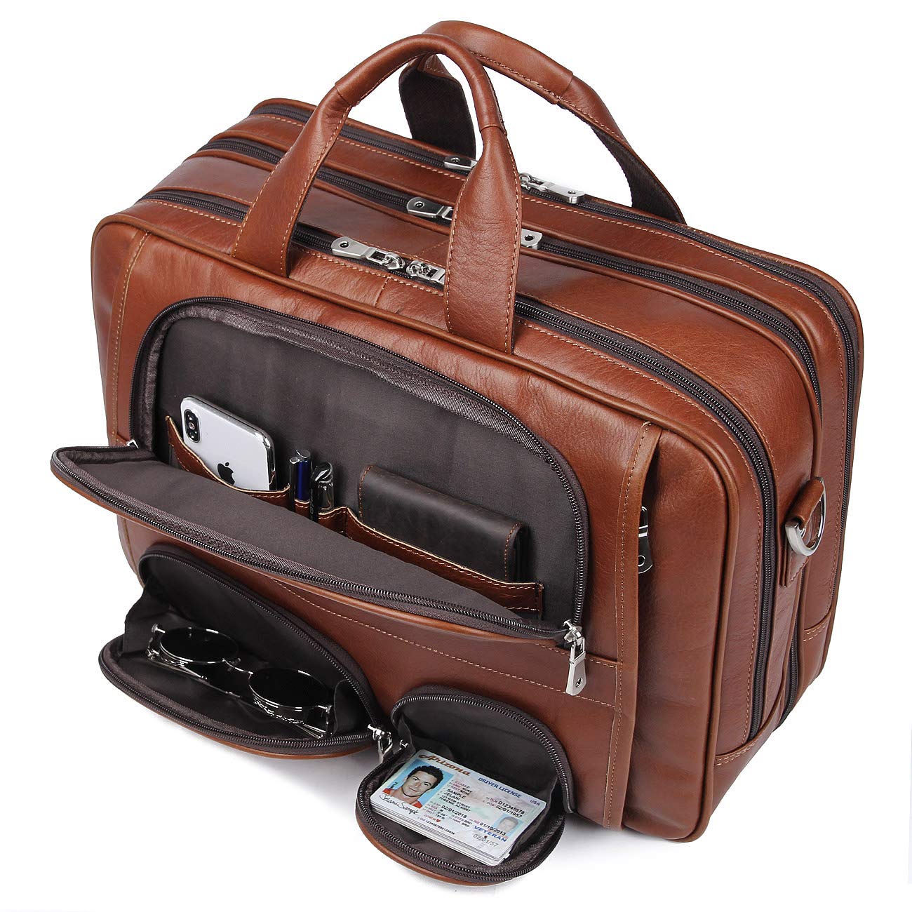 Augus Business Travel Briefcase Genuine Leather Duffel Bags for Men Laptop Bag fits 15.6 inches Laptop (Light Brown)