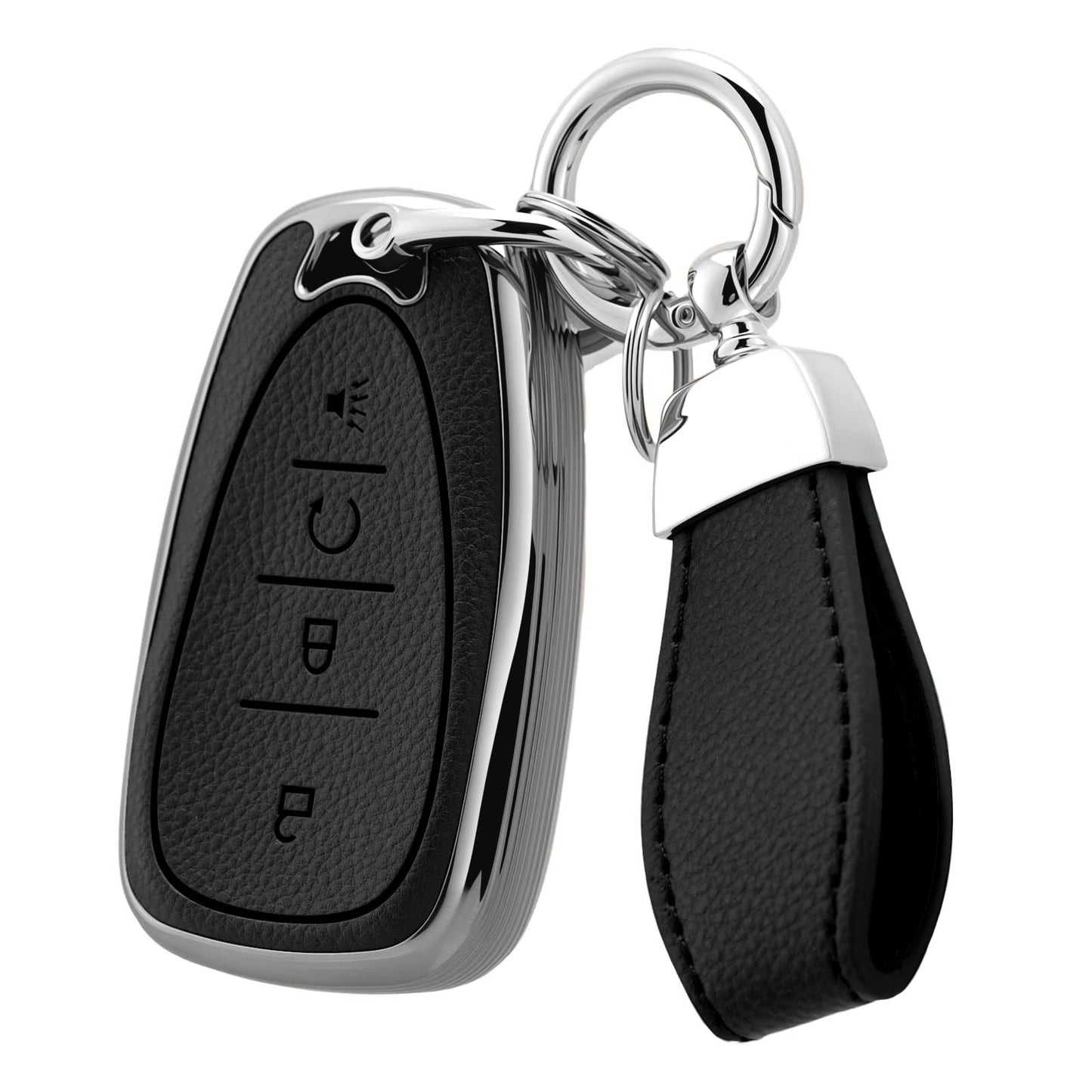 WCHJUD Soft Upper Leather TPU Key Fob Cover Case for Chevy Bolt Equinox Trax Sonic Volt 2017-2025 Accessories with Keychain (Silver-edged black, 4 Buttons)