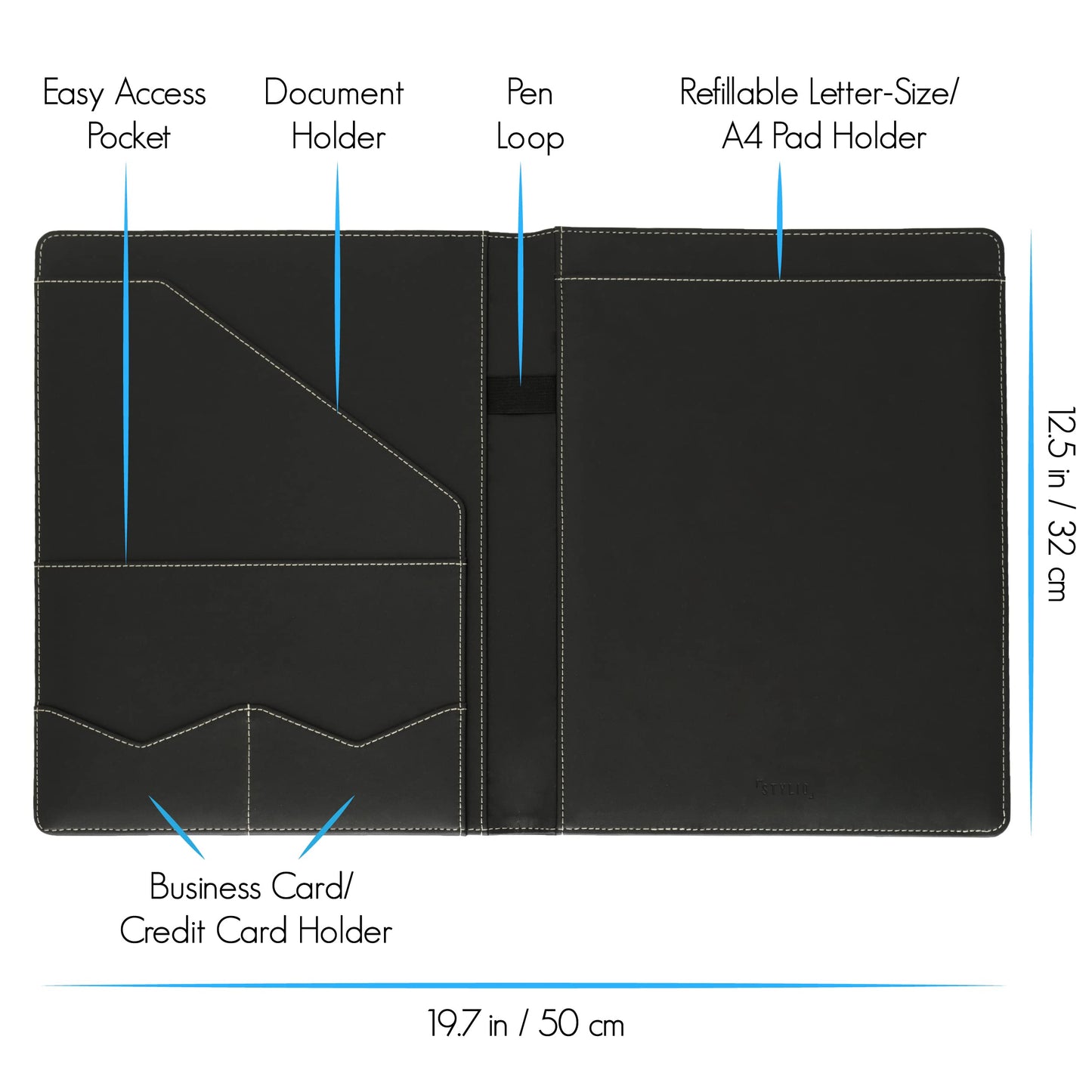 STYLIO Padfolio Portfolio Organizer Binder | Interview Resume Folder, Legal Document, Business Card Holder |w/Letter-Sized Notepad | Handsome Piano Noir Faux Leather Folio Matte Finish, Accent Stitch