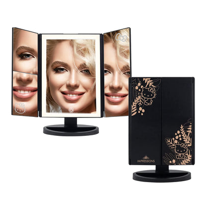 Impressions Vanity Hello Kitty Trifold LED Mirror, Desk Mirror with Lights and Touch Sensor Switch, Lighted Makeup Mirror with 2X and 3X Magnifying (White)