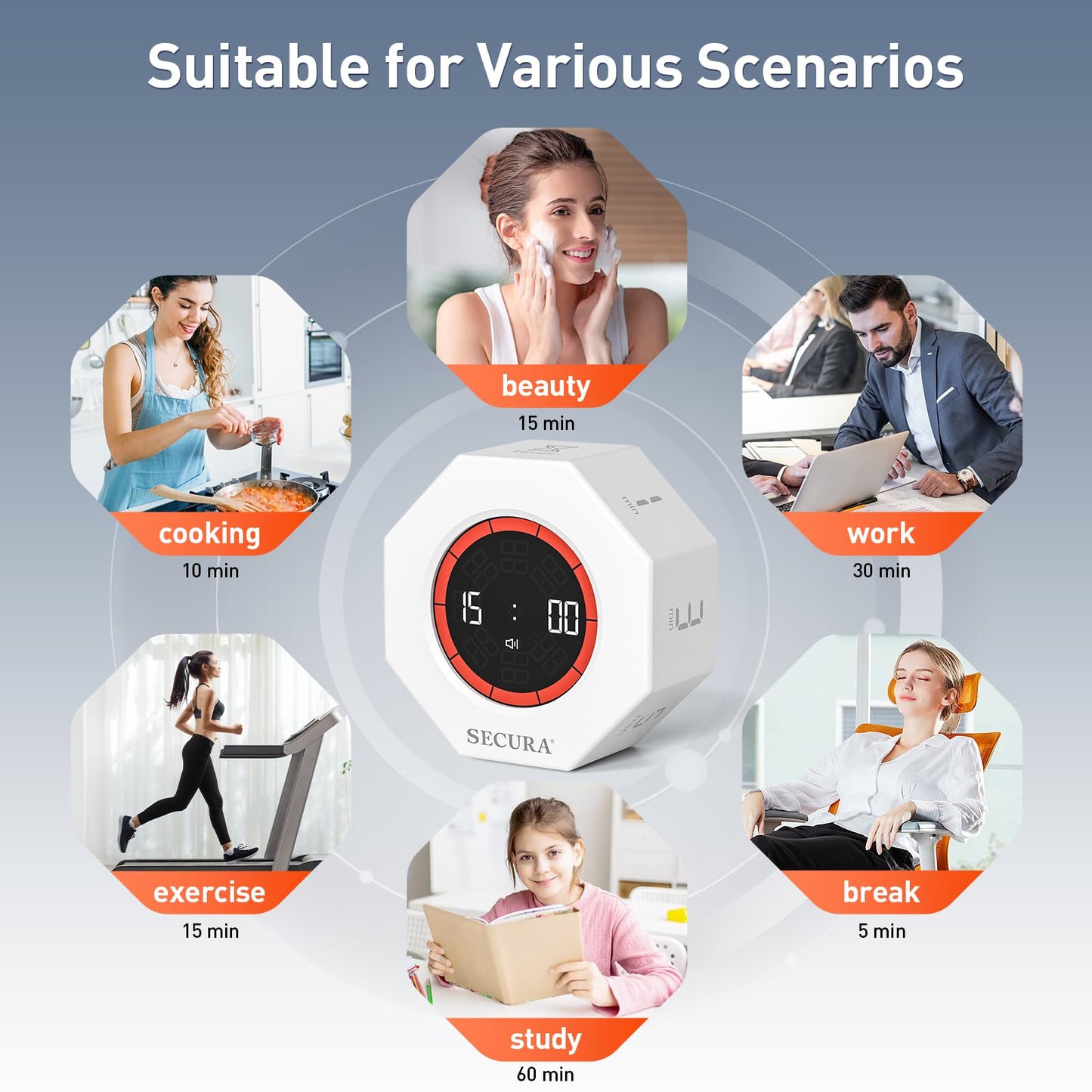 Secura Pomodoro Timer, Rotating Cube Time Tracker, Flip Gravity Sensor with 7 Presets(1/3/5/10/15/30/60 Min), Visual Progress Bar for ADHD, Kids, Tasks, Work, Study (White)