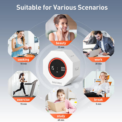 Secura Pomodoro Timer, Rotating Cube Time Tracker, Flip Gravity Sensor with 7 Presets(1/3/5/10/15/30/60 Min), Visual Progress Bar for ADHD, Kids, Tasks, Work, Study (White)
