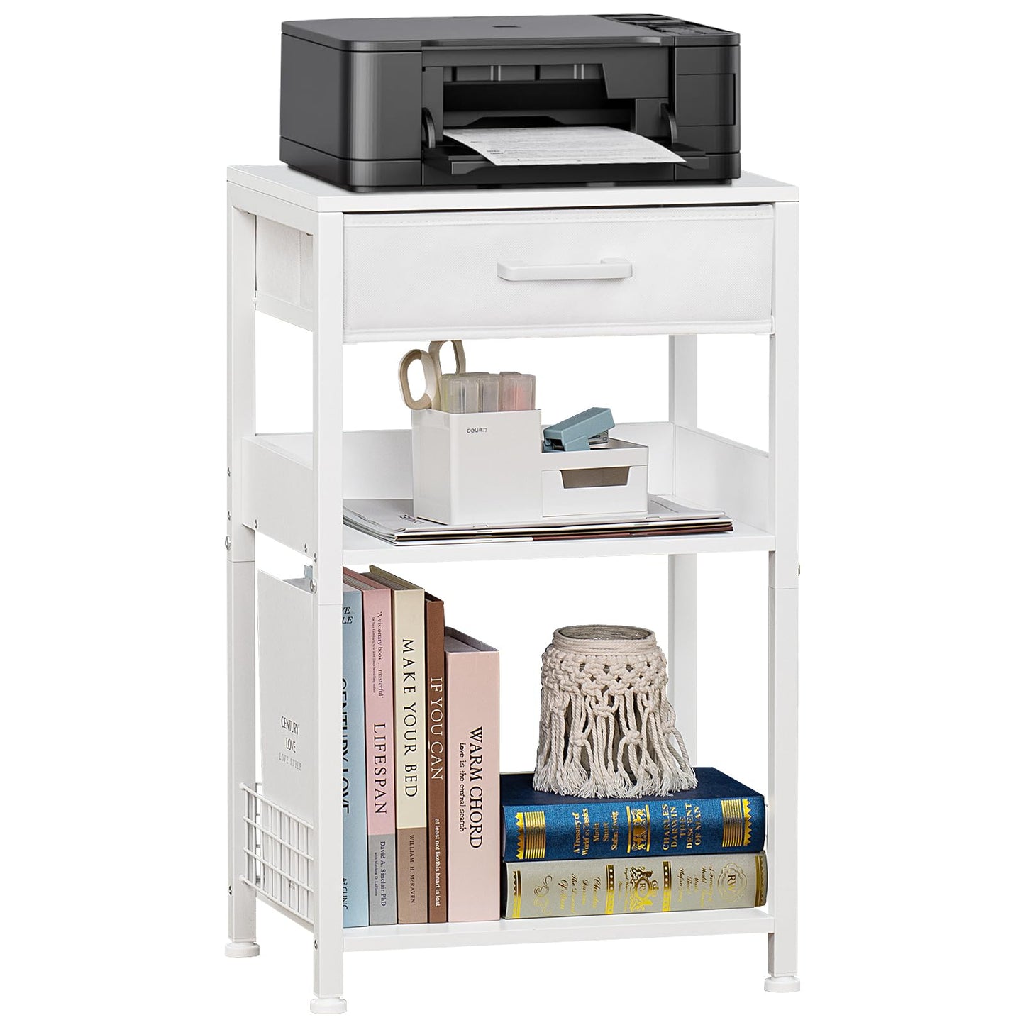 Lerliuo White Printer Stand with Fabric Drawer, 3 Tier Industrial Side Table, Modern Small Printer Desk Holder with Storage Shelf,Multi-Functional Bedside Tables for Home Office Fax Machine Scanner