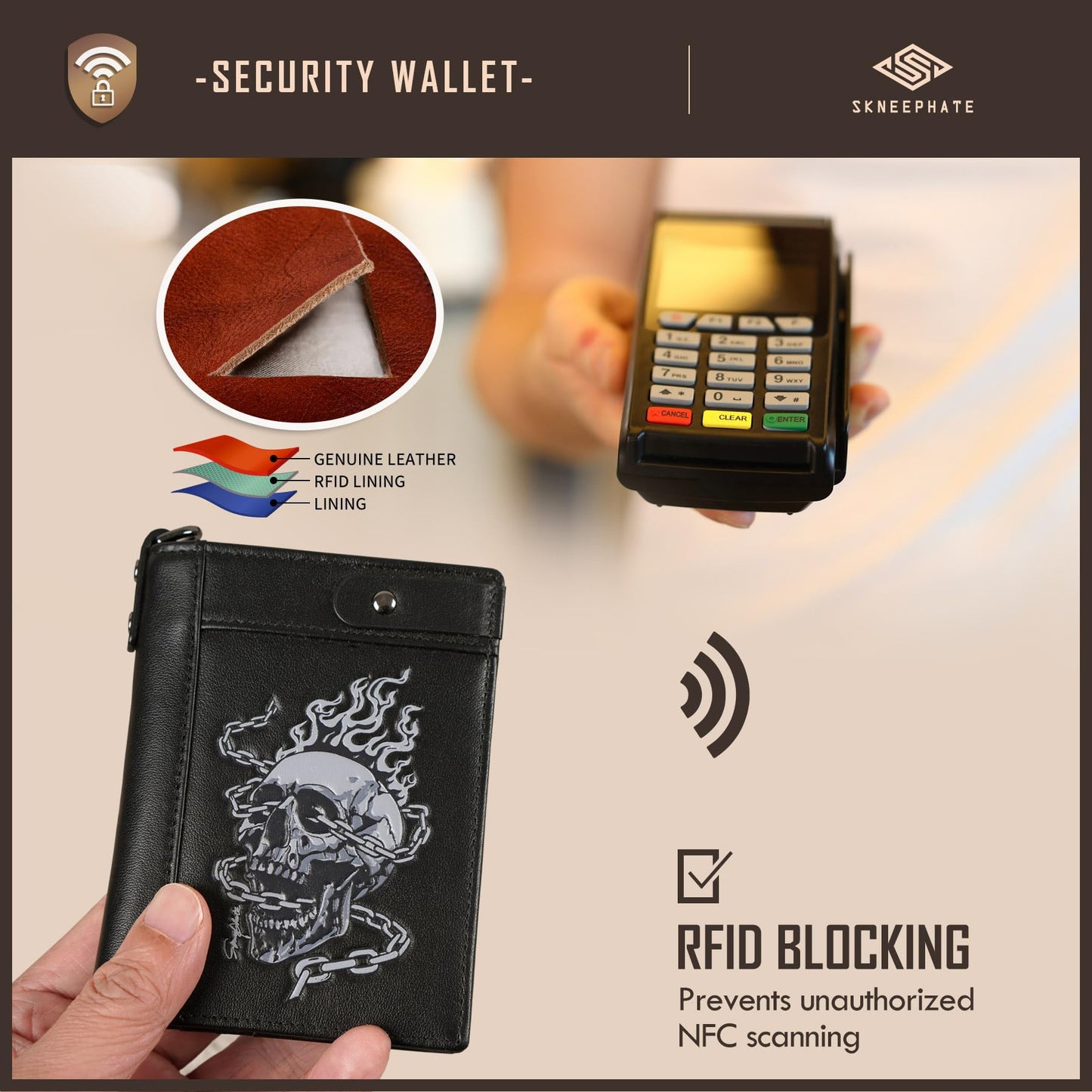 skneephate Mens Leather Wallet With Chain Skull Bifold Wallets Zipper Coin Pocket Rfid Blocking Gift For Him Husband (black)