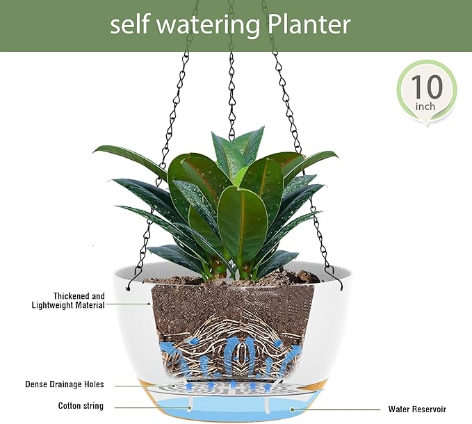 10 Inch Hanging Baskets 2 PC with Chains, Self-Watering Hanging Planters for Indoor Outdoor Plants, Plastic Hanging Flower Pots,White Brown