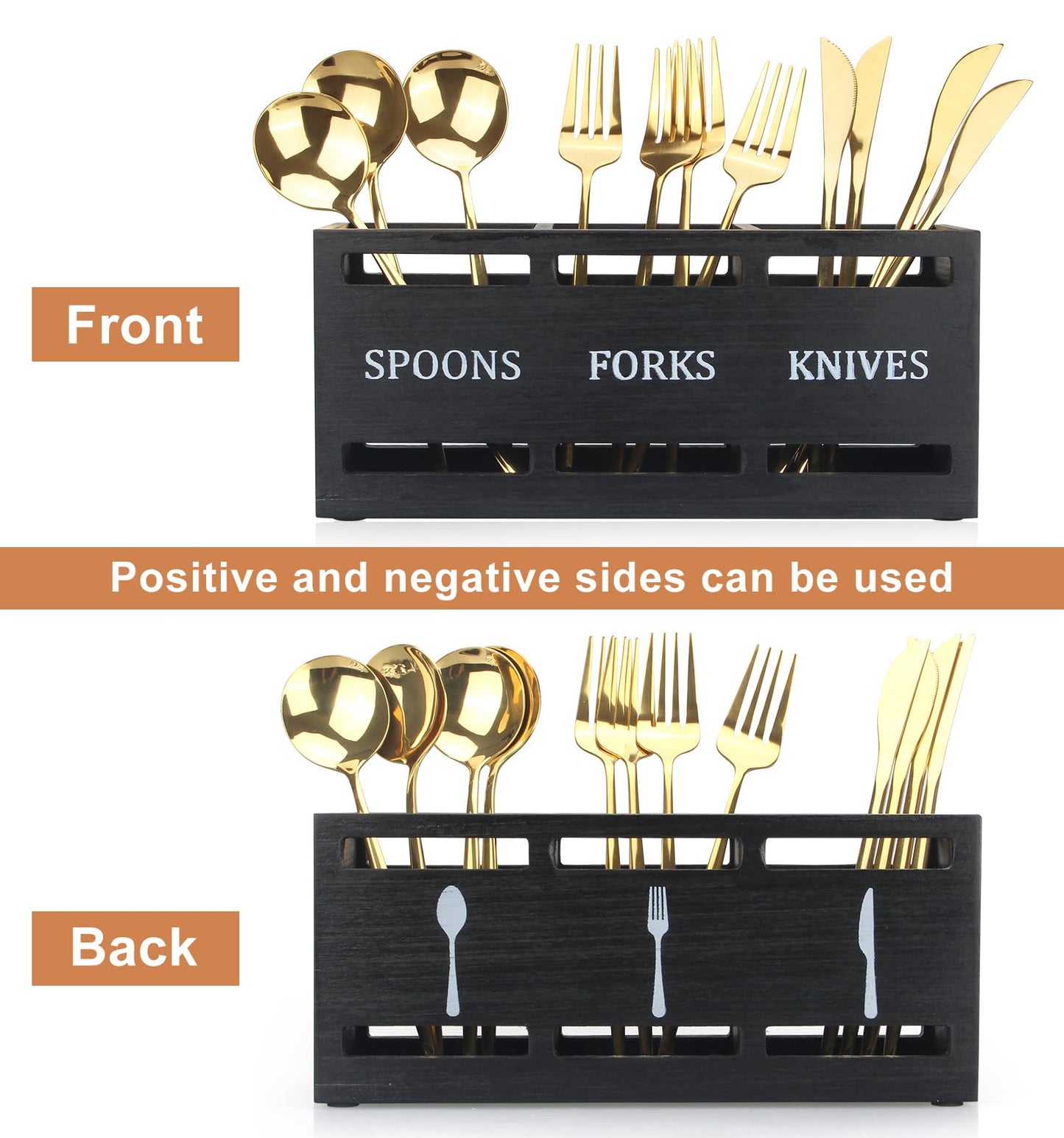 Ayiaren Wooden Silverware Caddy Flatware Cutlery Holder Wood Silverware Organizer Containers Small Black Kitchen Utensil Holder for Countertop Spoon and Fork Holder Flatware Utensils Caddy for Party