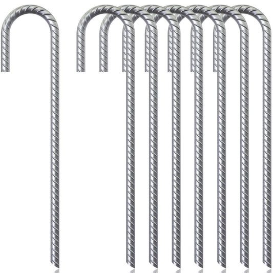 12 Inch J Hook Ground Stakes, J Hook Rebar Stakes (8Pack)- for Christmas Decorations, Tents, Chain Link Fences, Sports nets, Camping, Trampolines, Irrigation Pipes and Gardens