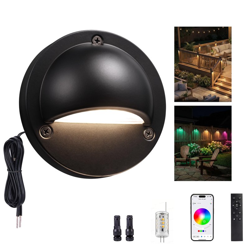 Varmtalys Low Voltage RGBCW Black Deck Light, 12V Bluetooth Mesh Smart Outdoor Landscape Lighting with App & Remote Control, Replaceable G4 Bulb, IP65 Waterproof Aluminum for Step Stair Fence, 1 Pack