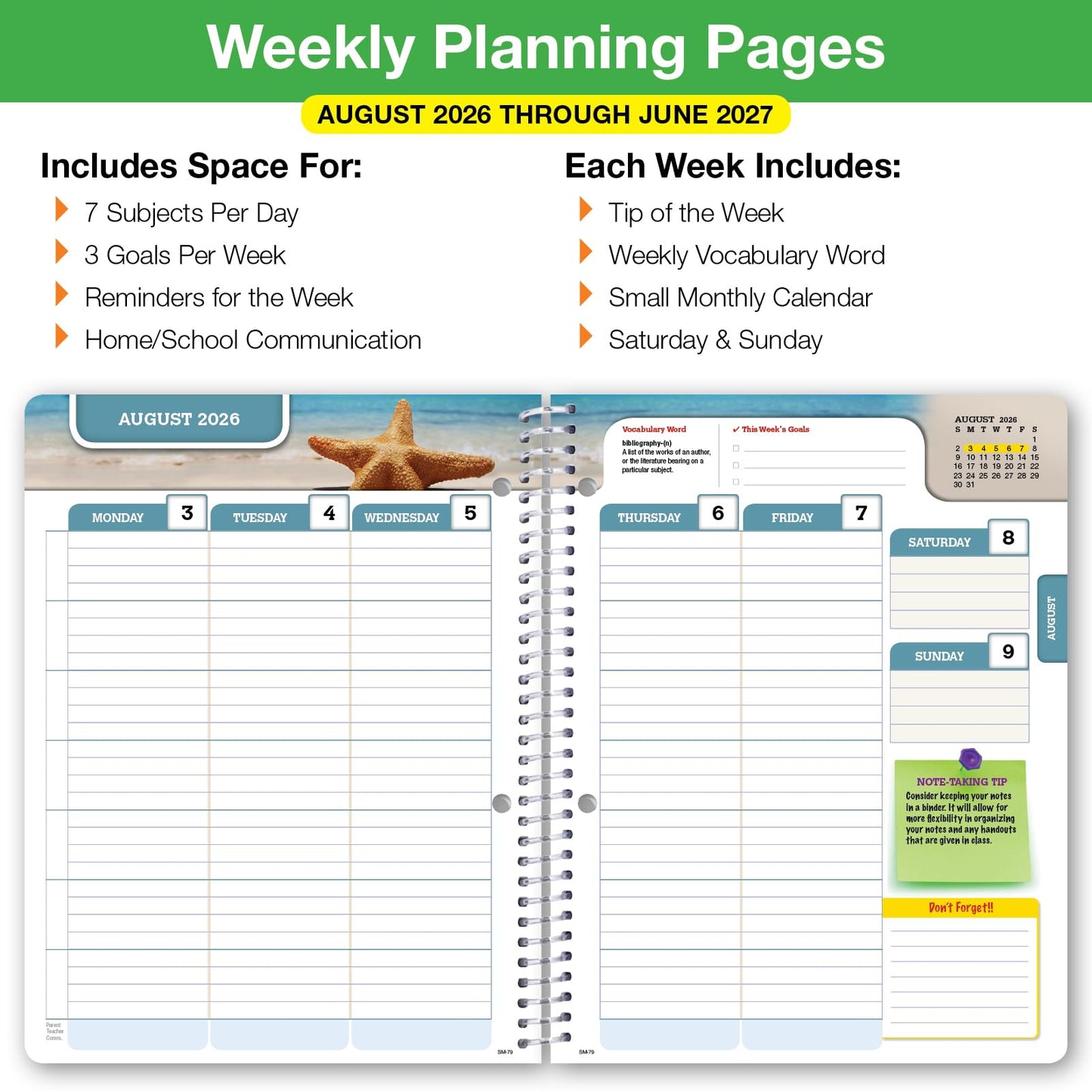 Global Datebooks 2026-2027 Middle & High School Student Planner 7" x 9" - Dated Weekly & Monthly Academic Planner w/Ruler/Bookmark & Stickers, Ideal for Homework, Matrix Style, Slant