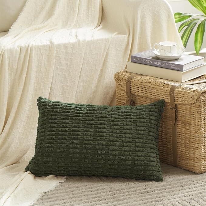Fancy Homi Boho Olive Green Decorative Throw Pillow Covers 12x24 Inch for Couch Bed Sofa, Rustic Modern Farmhouse Home Decor, Soft Plush Corduroy Cute Square Cushion Case 30x60 cm