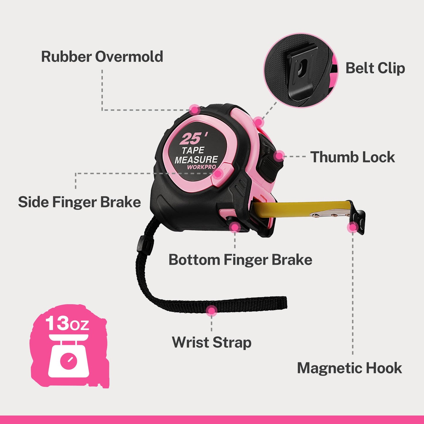 WORKPRO 25-FT Tape Measure with Fractions, 3 Brakes Retractable Measuring Tape, Compact Measurement Tape with Magnetic Hook, Nylon Coating Blade Accuracy 1/32”, Pink