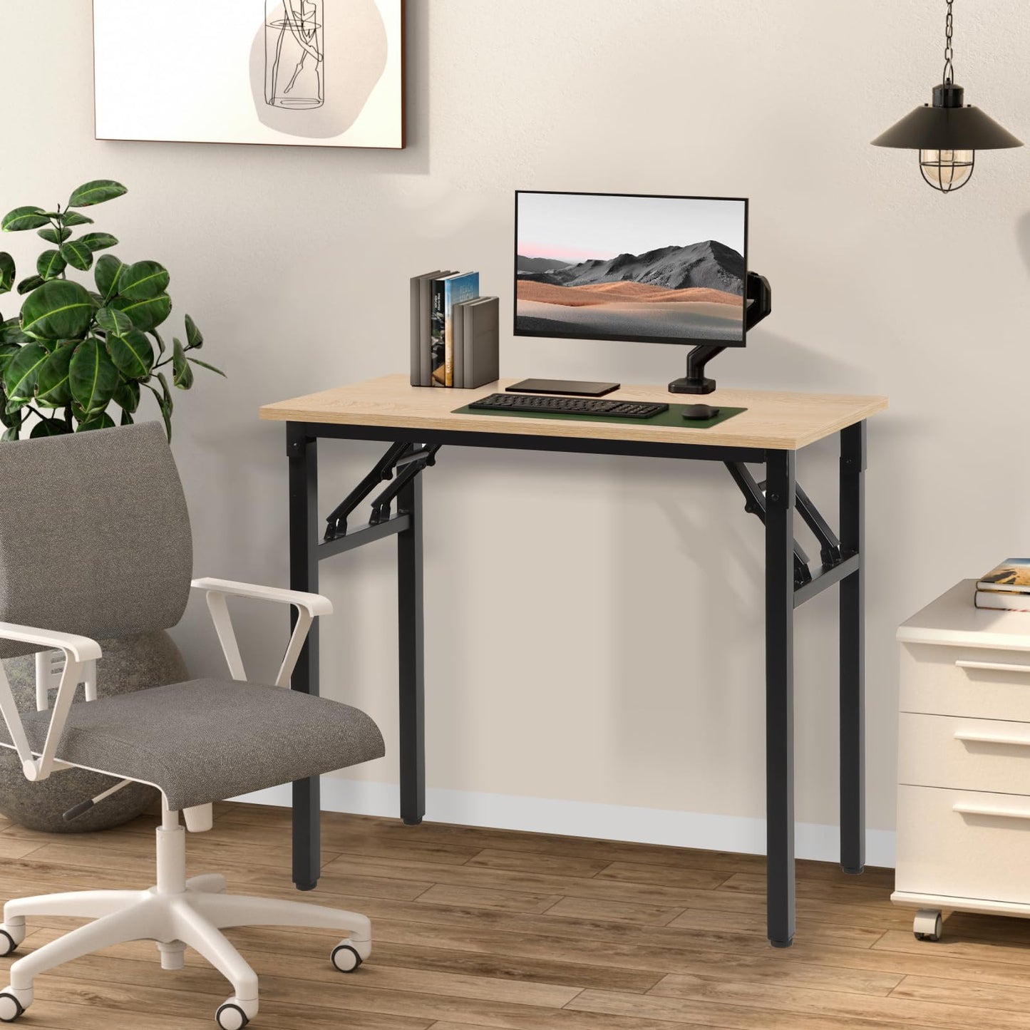 Panana Small Foldable Computer Desk, 31.5 inch Folding Home Office Desk for Small Spaces, Modern Simple Style for Home, Office, Study, Writing, No Assembly Required (Natural Wood, 31.5" x 15.7")