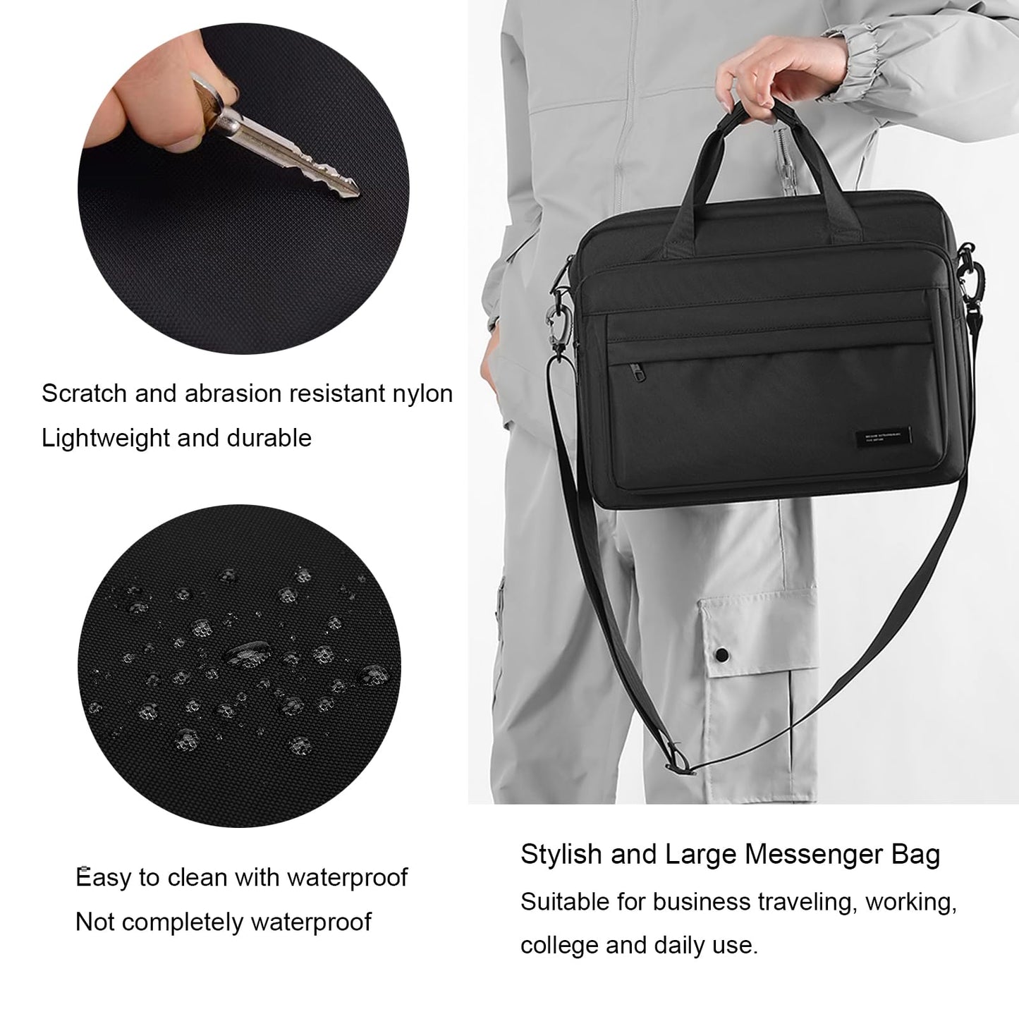 natyrlpog Laptop Bag 15.6 Inch Briefcase for Men Women Waterproof Nylon Lightweight, Shoulder Computer Messenger Handbag for Business Office Work Travel College Black