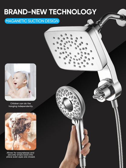 Cobbe Dual Shower Head with Magnetic Handheld, High Pressure Rain Shower Combo 2-in-1 Fixed & Detachable, Multiple Spray Modes, Built-in Magnet Dock 6ft Hose, Chrome