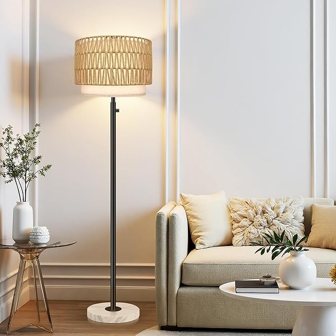Floor Lamp for Bedroom,Rattan Floor Lamp,Modern Standing Lamp with Marble Base,Dimmable Standing Lamp for Bedroom, Reading,Office & Kids' Room,LED Bulb Included(Rattan)