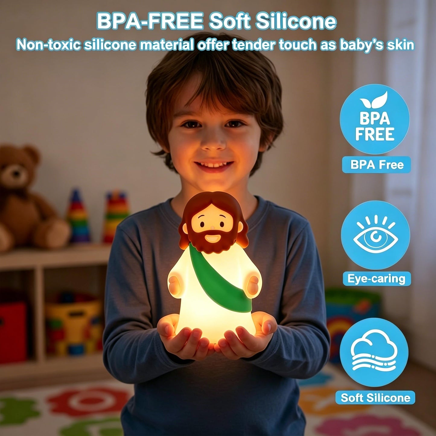 magical JD Little Jesus Night Light, Mini Silicone Jesus Lamp, Dimmable Rechargeable Touch Bedside Lamp for Nursery & Kids, Ideal Religious Gift for Christmas, Easter and Baptism (Green)
